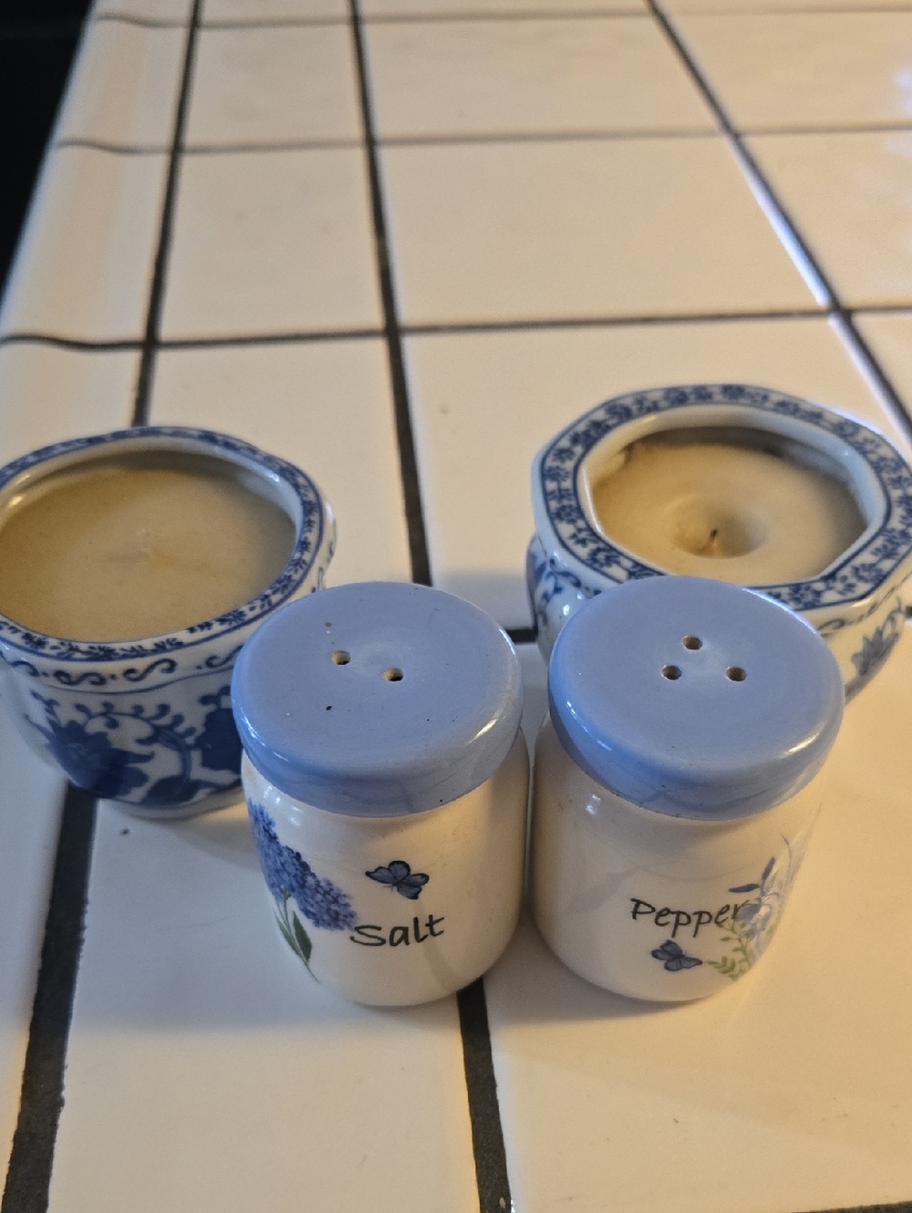 Blue Floral Salt and Pepper Ceramic Shakers And Vintage Candles